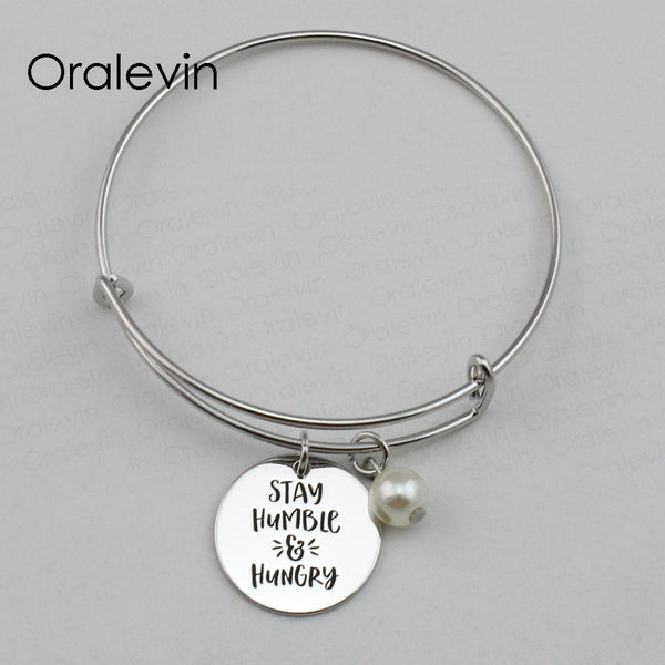 STAY HUMBLE &  HUNGRY Inspirational Hand Stamped Engraved Bangle Bracelet - Sweet Overtures
